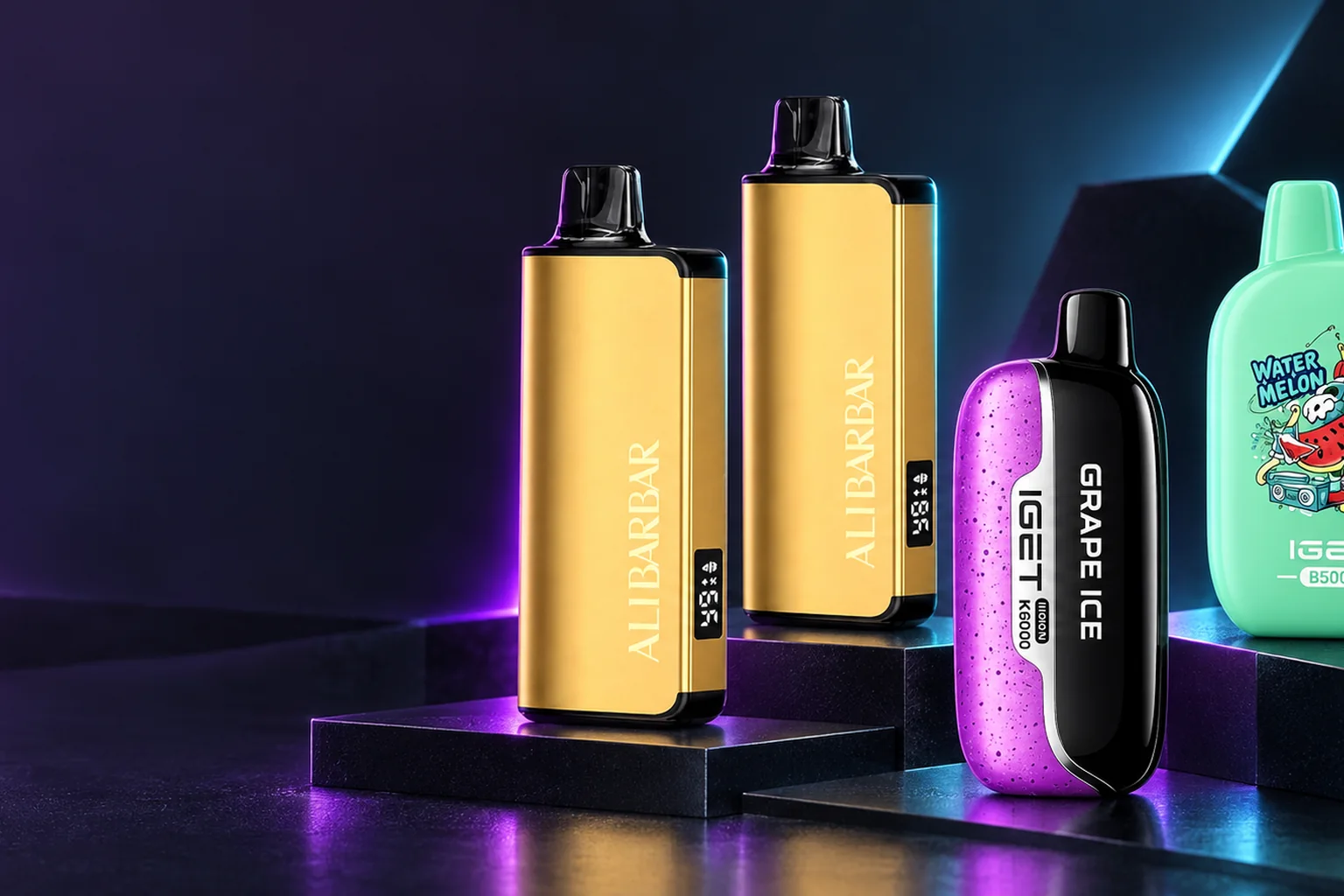 ALIBARBAR and IGET products displayed on a charcoal studio stage